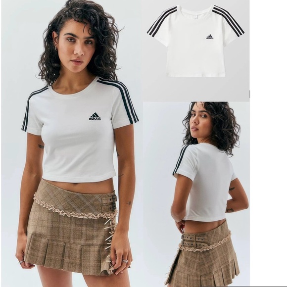 Adidas Sportswear ESSENTIALS 3 STRIPES BABY T-shirt Jersey Crop Top B&W size L - Picture 1 of 11